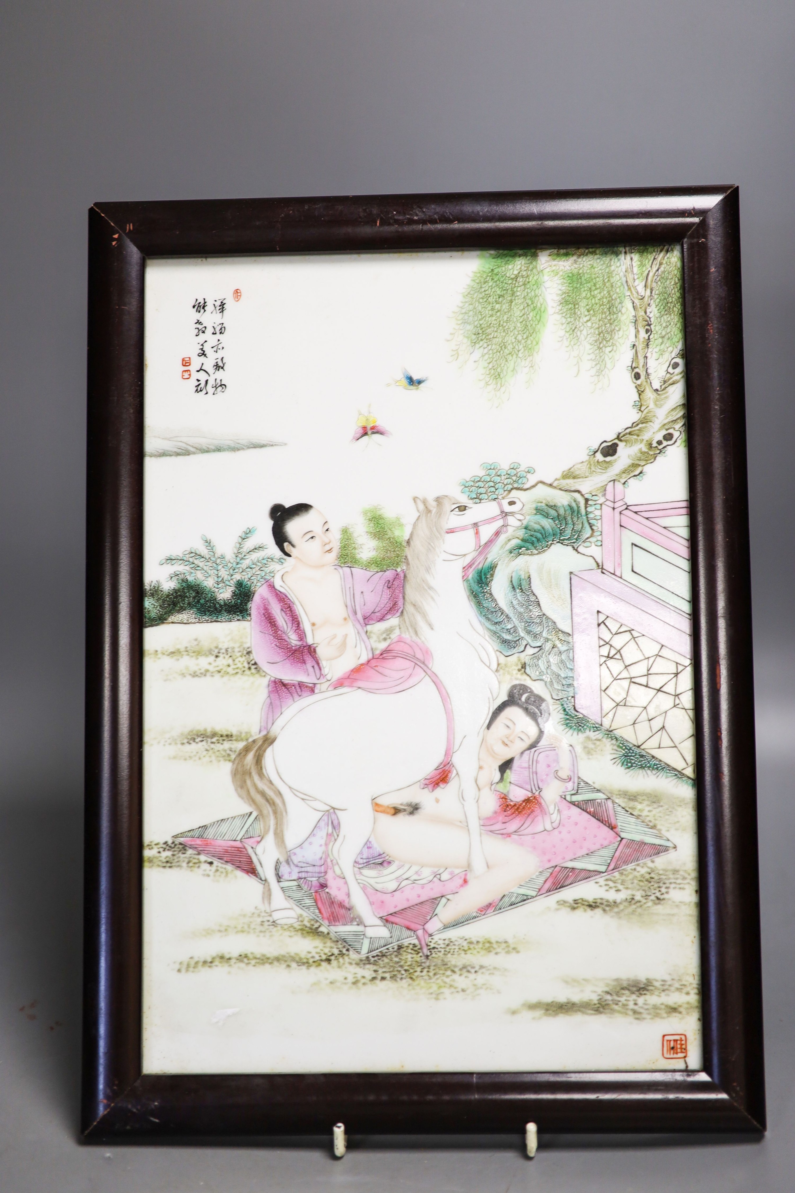 A part set of eleven framed Chinese porcelain plaques, zodiac erotic subjects 36x24cm